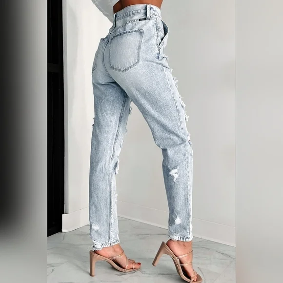 Light Washed Distressed Baggy Kancan Button Fly Denim Jeans - Picture 4 of 7